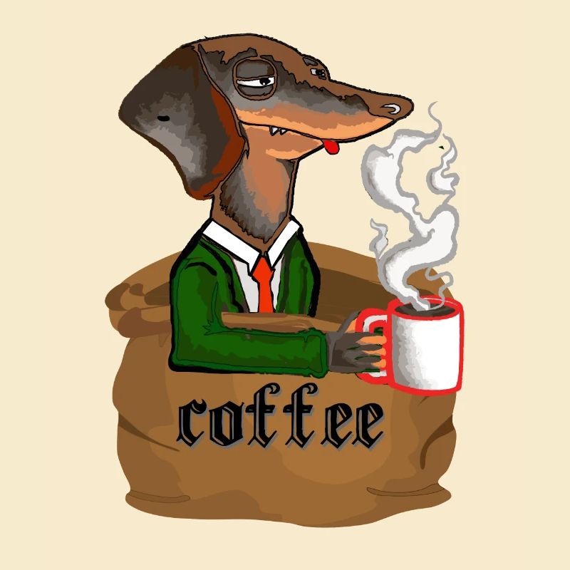 Hund im Sack mit einer Kaffeetasse am Morgen