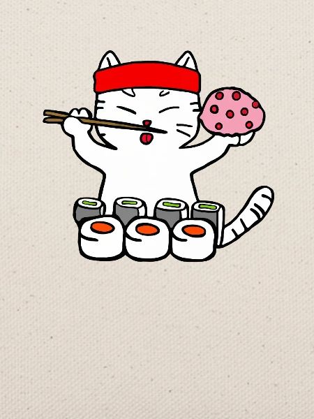Katze isst Sushi mit Stäbchen