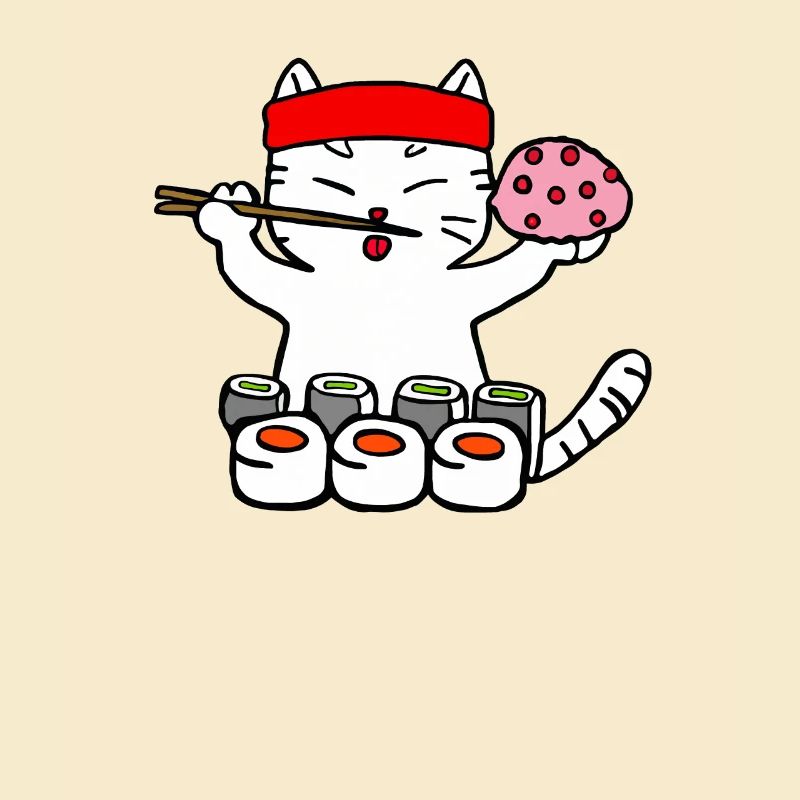 Katze isst Sushi mit Stäbchen