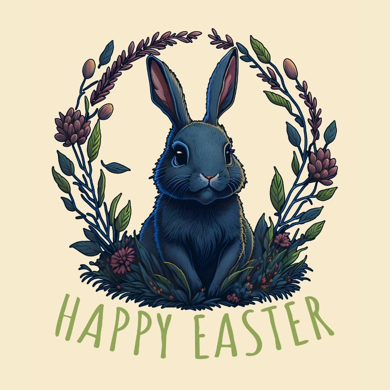 Rabbit with Easter eggs & spring flowers Easter