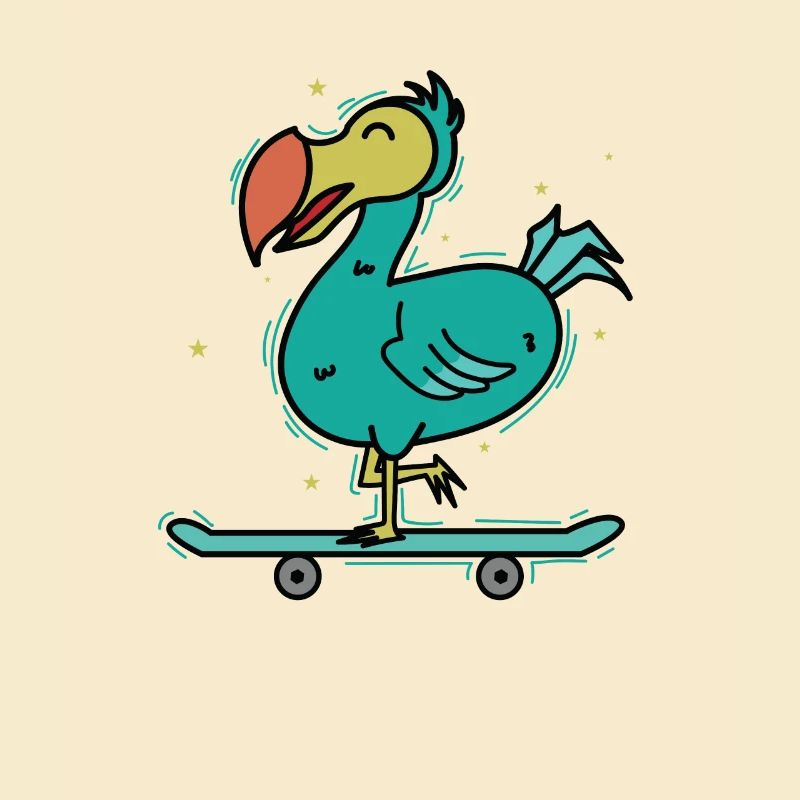 Dodo monte un oiseau sur une planche à roulettes