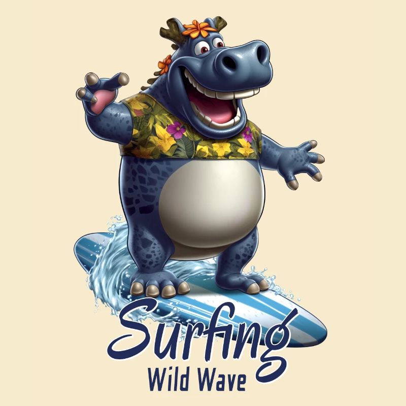 Witziges Nilpferd mit einem Surfbrett - Surfer
