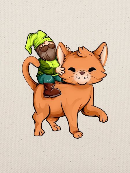 Gartenzwerg reitet Katze