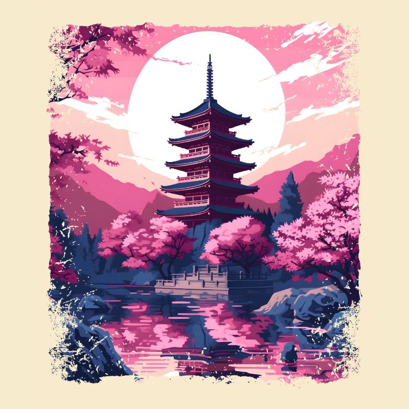 Kirschblüten-Sakura-Baum in einem Vaporwave-Tempel