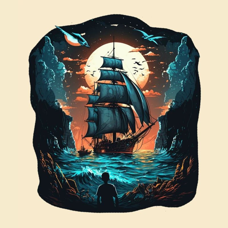 Large sailing ship in the moonlight on the high seas