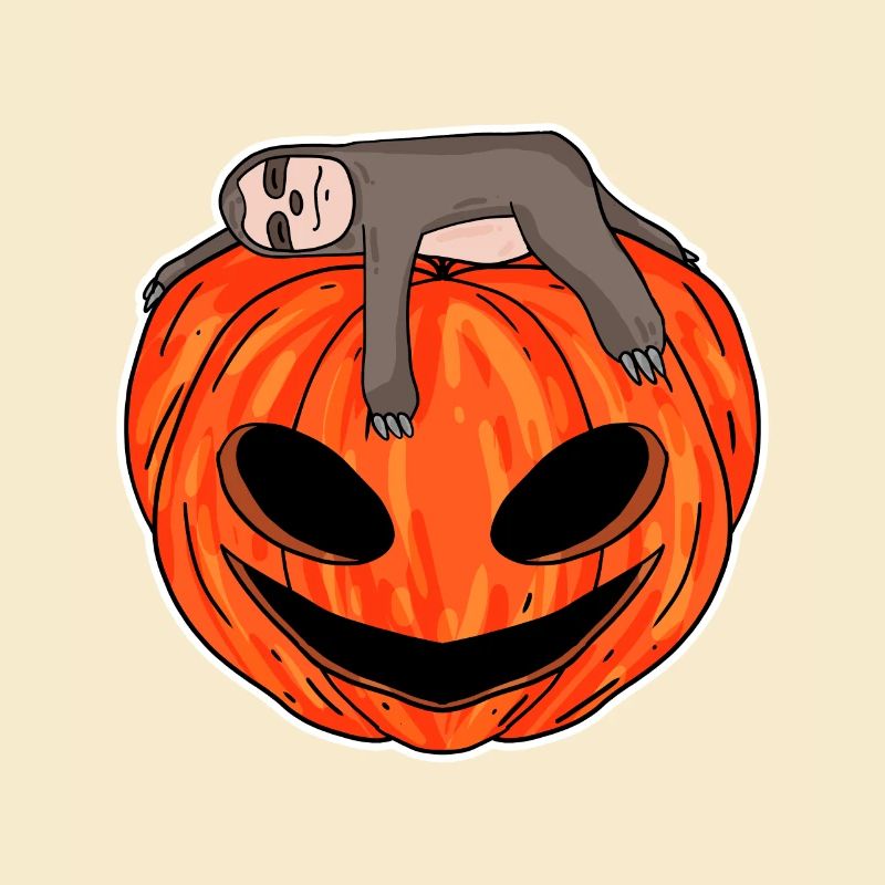 Sloth sleeping on pumpkin