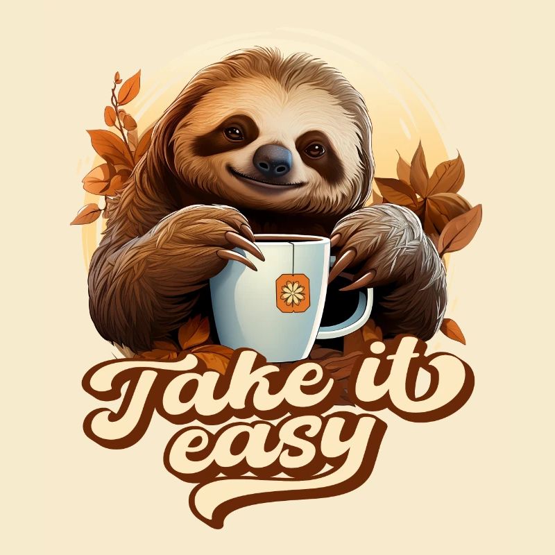 Cute Sloth Drinking Tea, Take It Easy, Saying