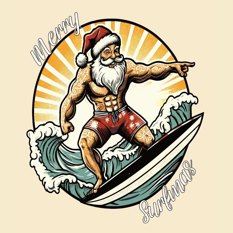 Weihnachtsmann surft fröhlich surft
