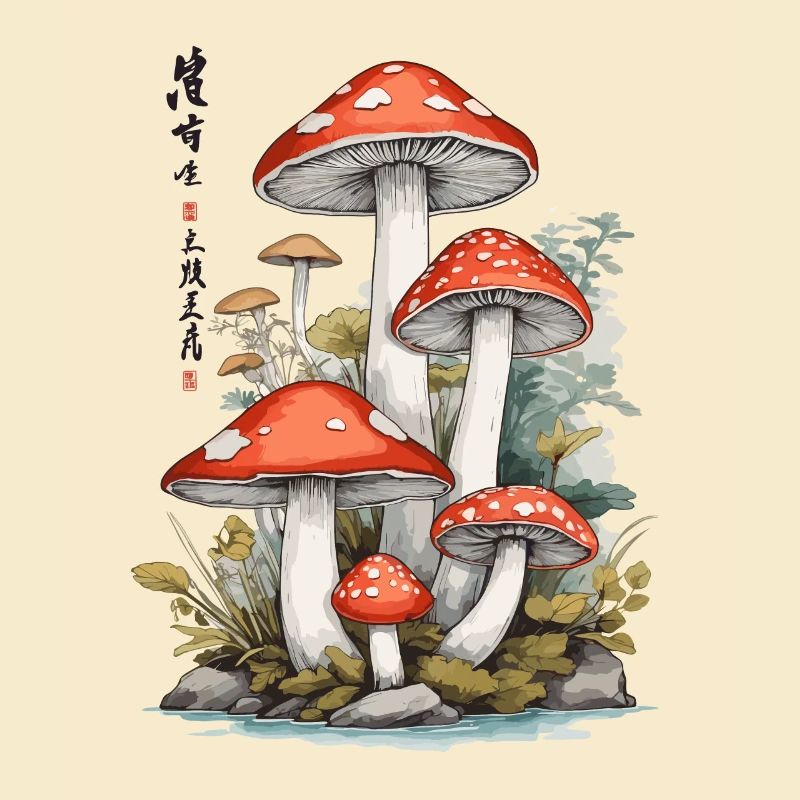 Ukiyo-E Toadstool Nature Art Mushroom Picker Design