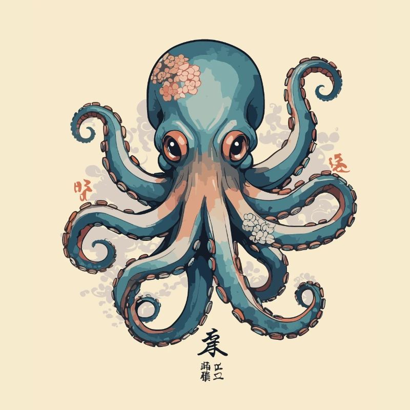 Octopus Ukiyo-E Cherry Blossoms Japan Sea Design