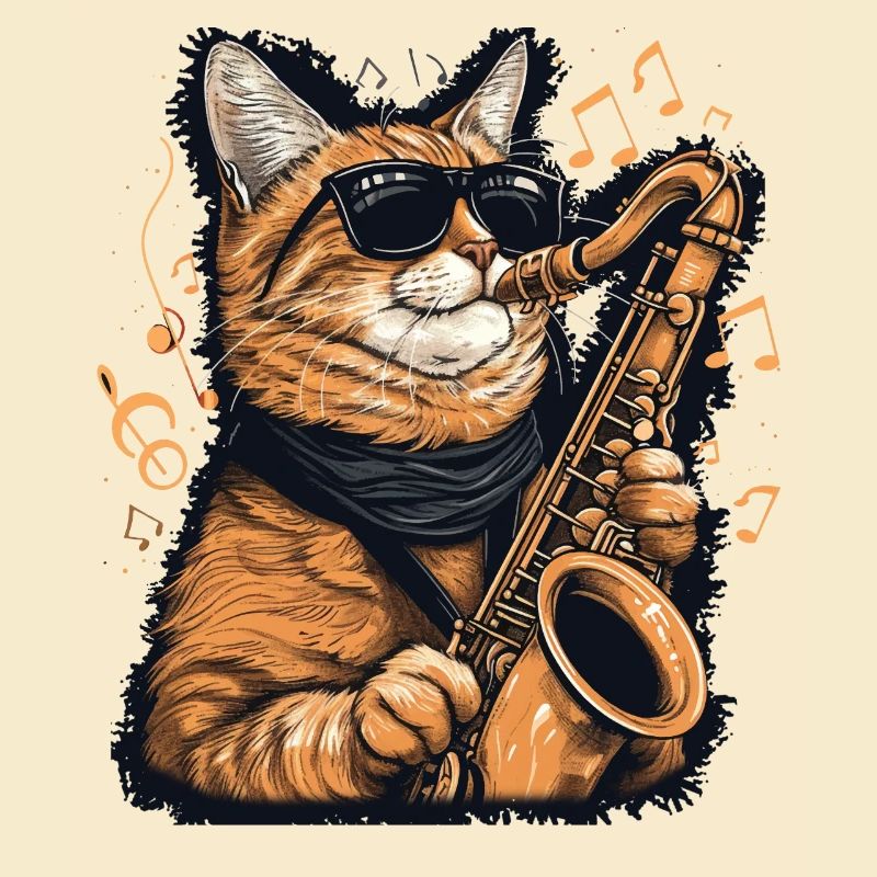 Funny Cat Playing Saxophone Music Notes Graphic