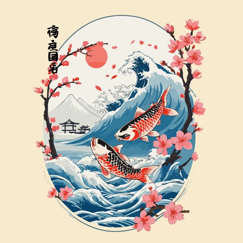 Vintage Ukiyo-E Koi Karpfen Kirschblüten Design