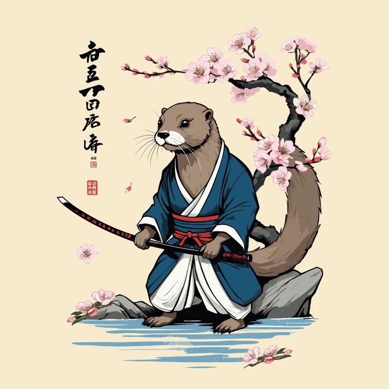 Mignon samouraï loutre fleur de cerisier Ukiyo-E Design