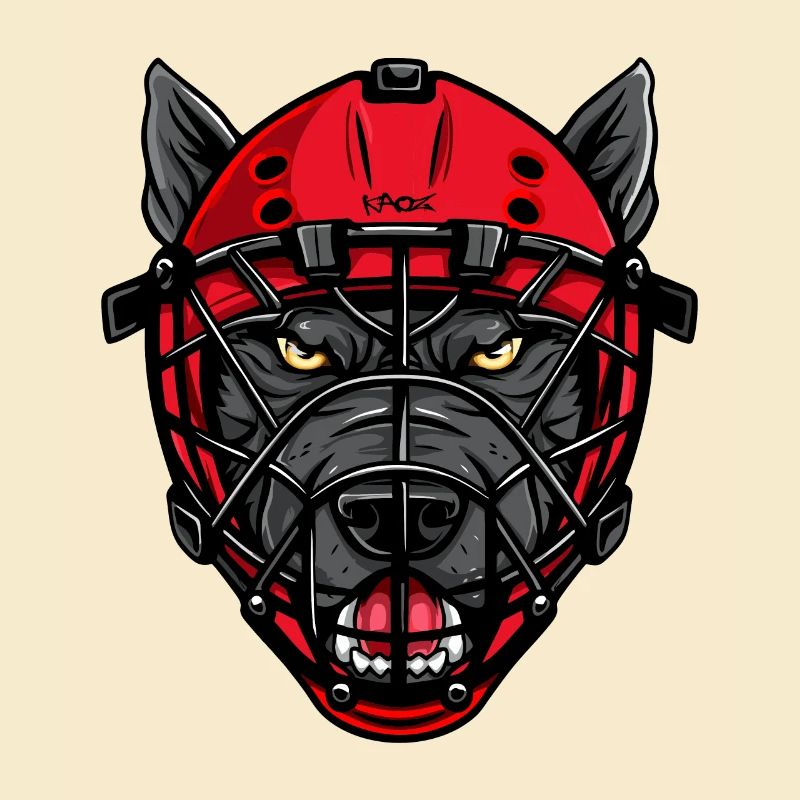 Hund mit Eishockey Maske