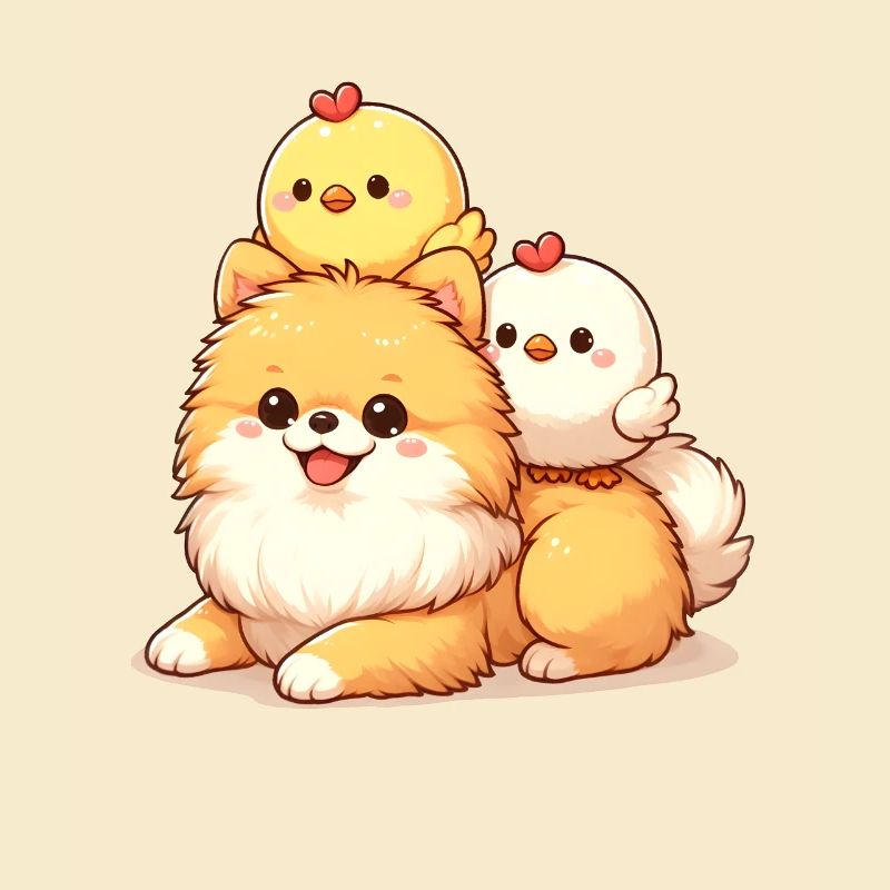 Cute chick on a Pomeranian
