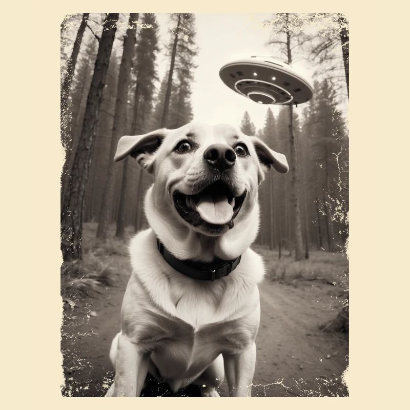 Selfie de chiens avec la conception d’un vaisseau spatial extraterrestre