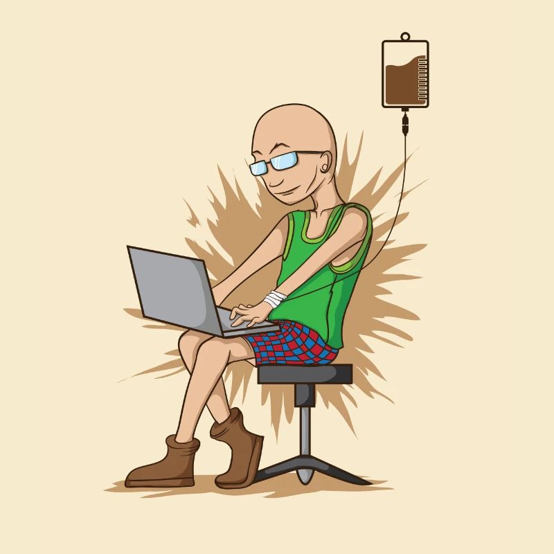 Kaffeetrinkender Nerd beim Hacken hängt am Kaffeet
