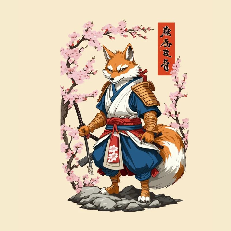 Kitsune Samurai Fox Vintage Ukiyo-e Style