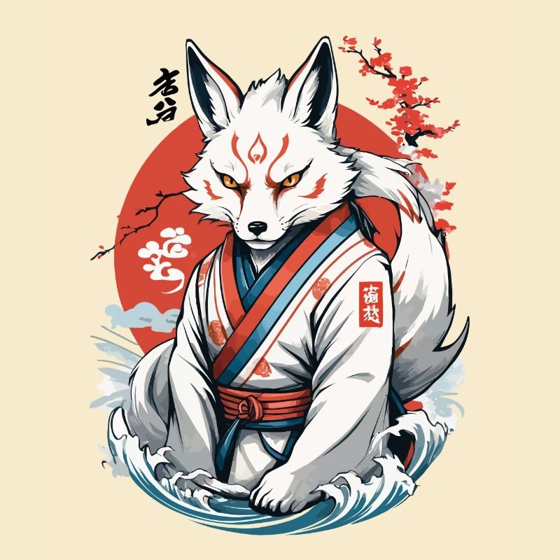 Kitsune Samurai Fuchs Vintage Ukiyo-e Stil