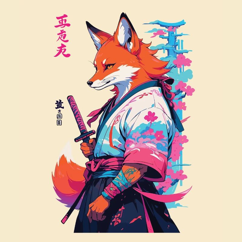 Kitsune Samurai Fox Aesthetic Vaporwave Style