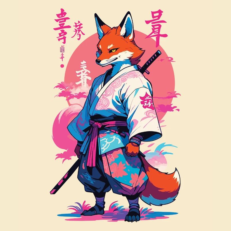 Kitsune Samurai Fox Aesthetic Vaporwave Style