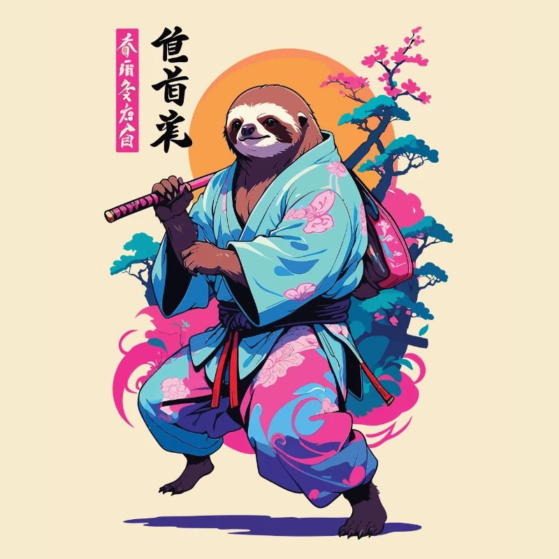 Samurai Sloth Aesthetic Vaporwave Style