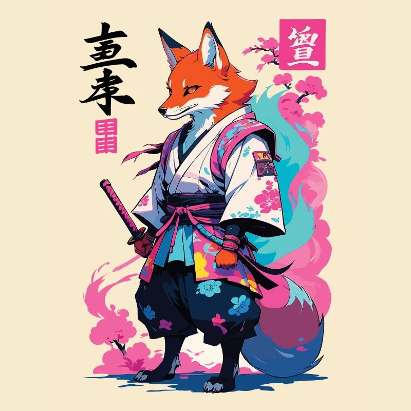 Kitsune Samurai Fox Aesthetic Vaporwave Style