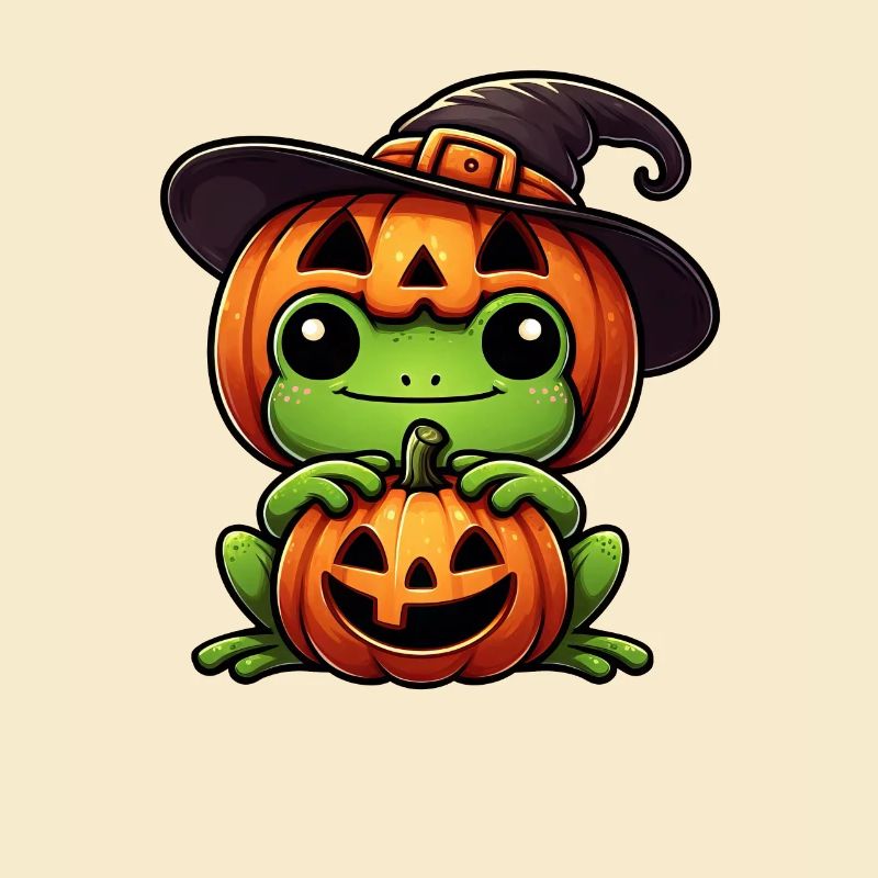 Cute Halloween Frog Witch Hat Pumpkin Cartoon