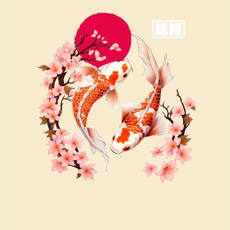 Koi and cherry blossoms in the red moon
