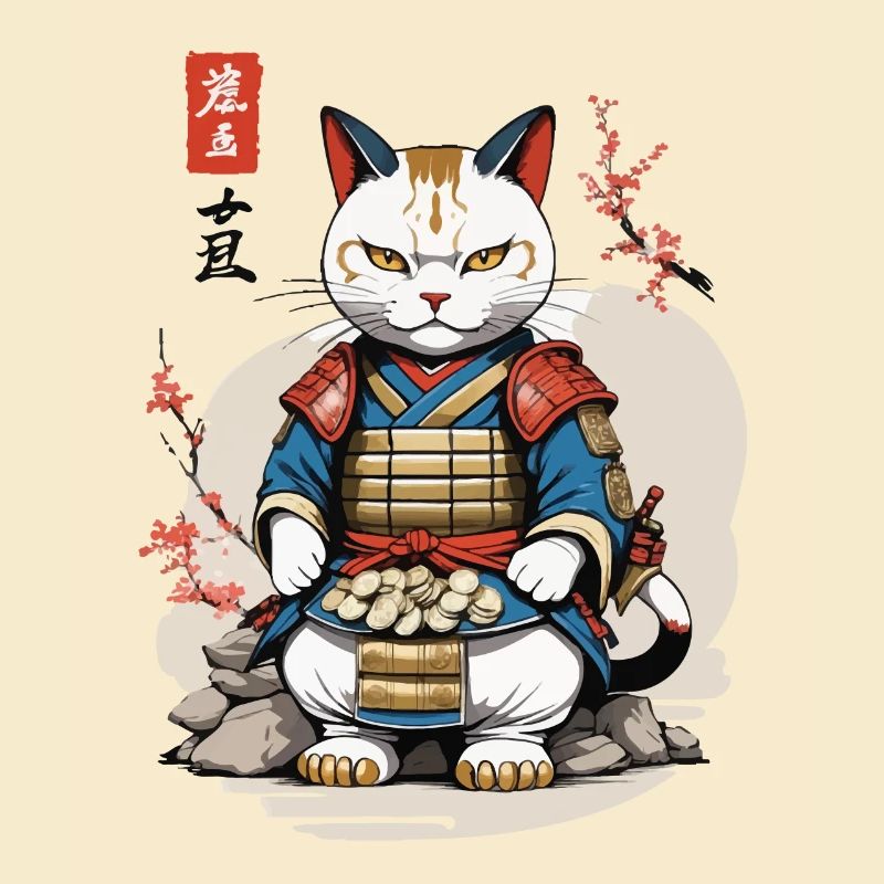 Samurai Katze im Asiatischen Ukiyo-E Stil