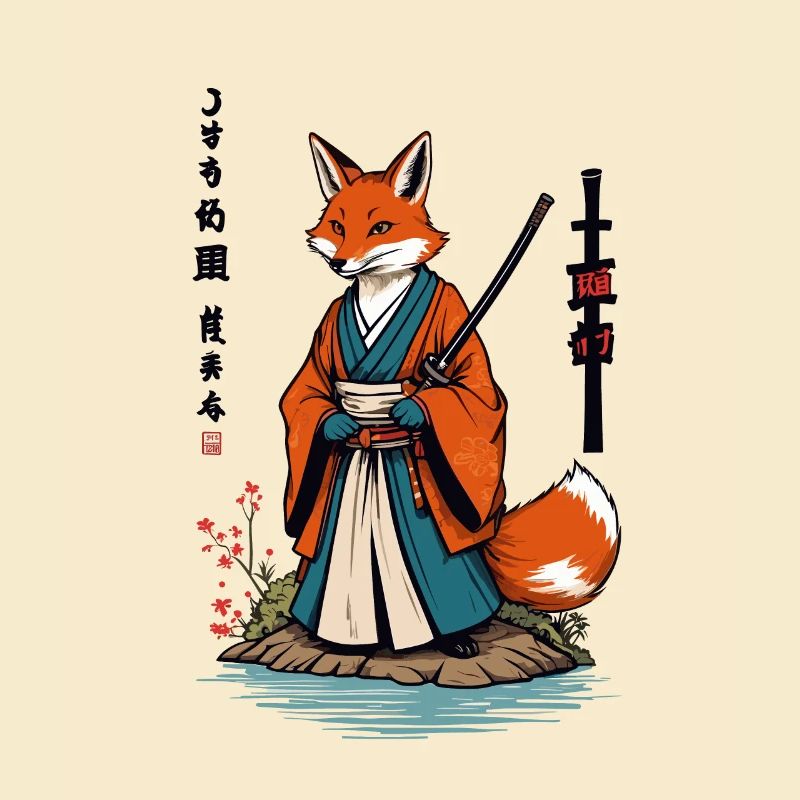 Kitsune Samurai Fox Vintage Ukiyo-e Style