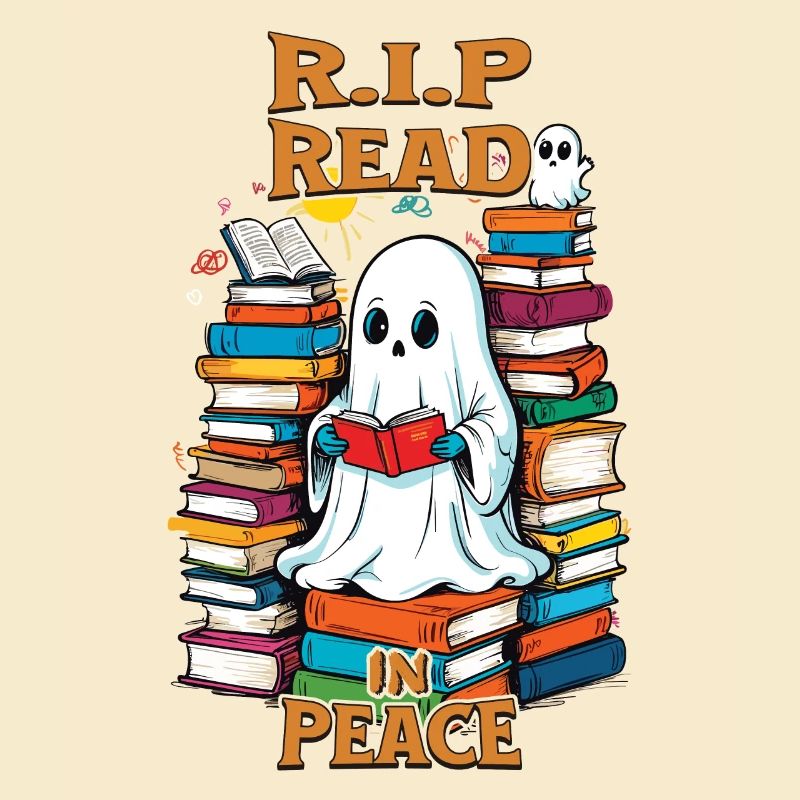 Cute book lover ghost reading in peace
