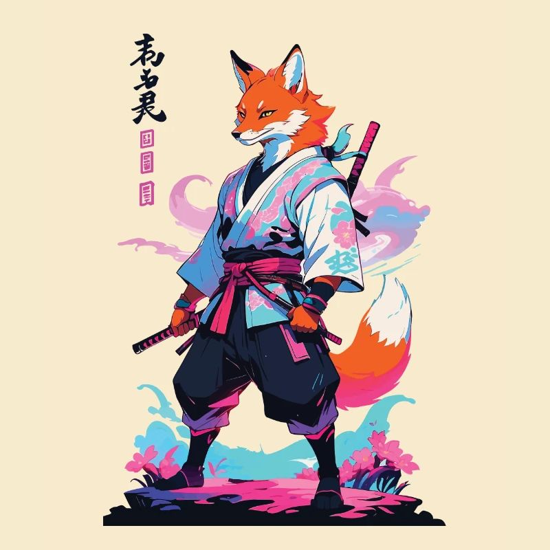 Kitsune Samurai Fox Aesthetic Vaporwave Style
