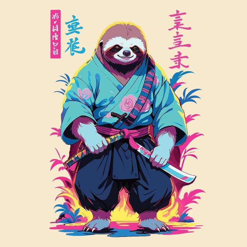 Samurai Sloth Aesthetic Vaporwave Style