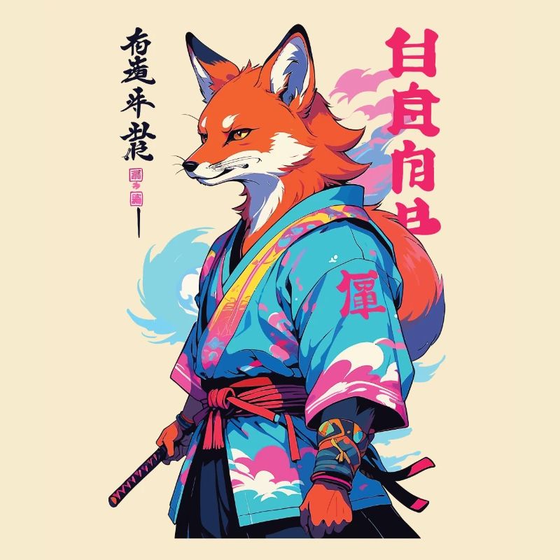 Kitsune Samurai Fox Aesthetic Vaporwave Style