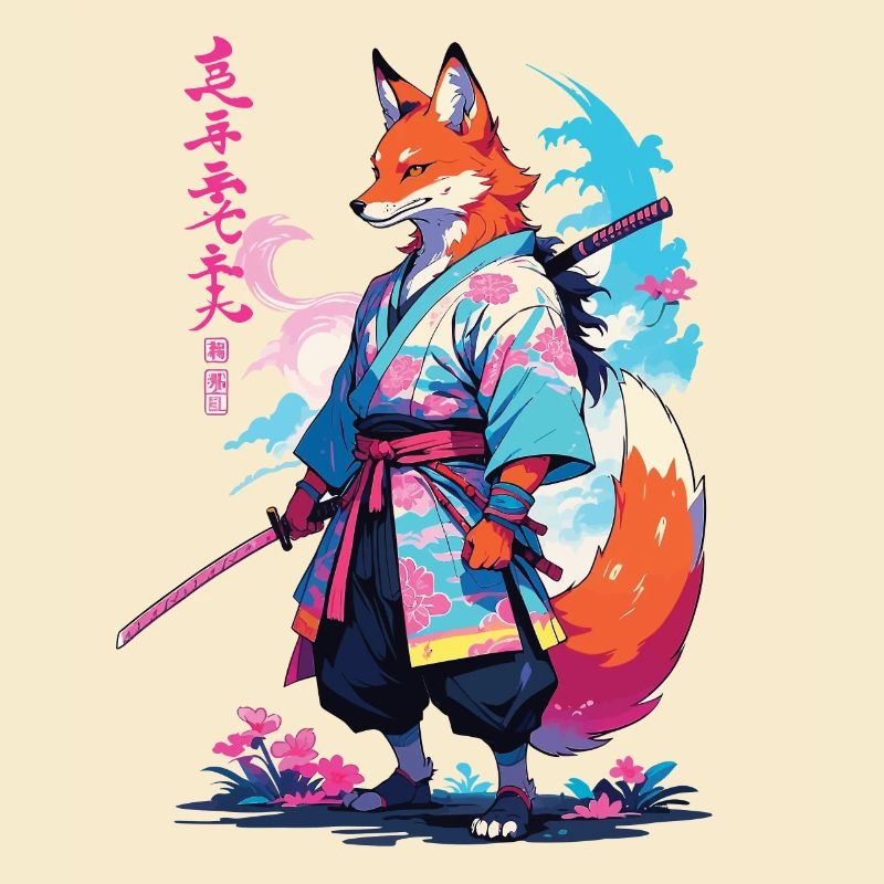 Kitsune Samurai Fox Aesthetic Vaporwave Style