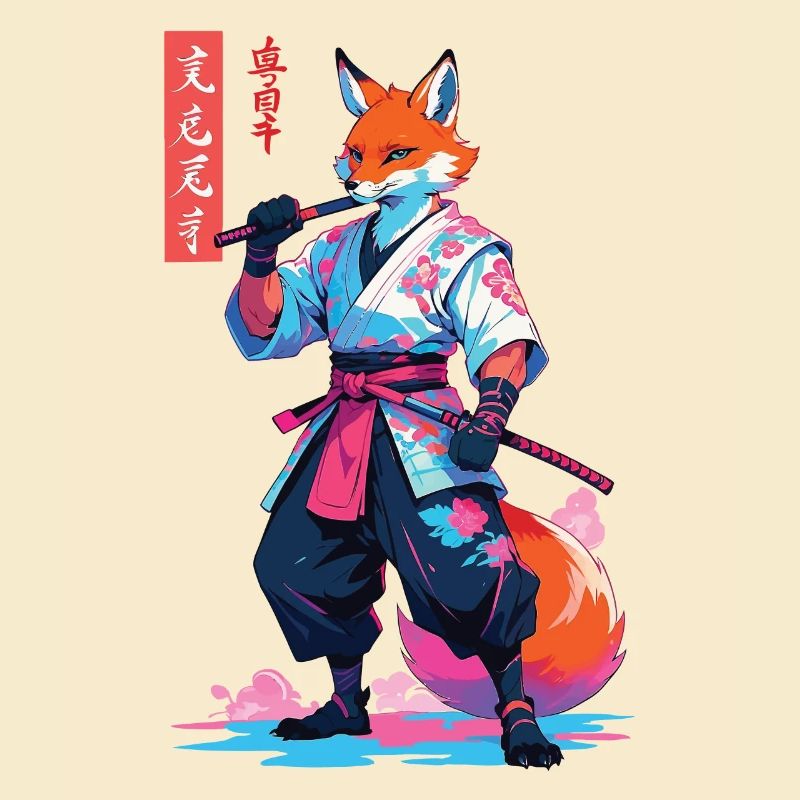 Kitsune Samurai Fox Aesthetic Vaporwave Style