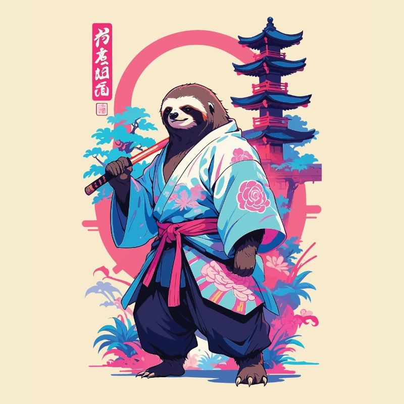 Samurai Sloth Aesthetic Vaporwave Style