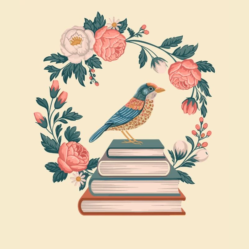 Cottagecore Vogel Und Blumen Bücherstapel
