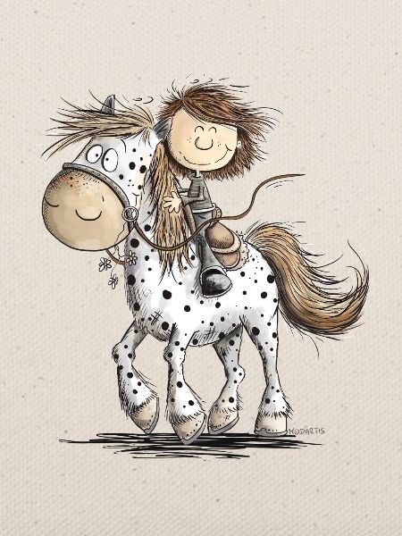 Drolliges Pferd mit Reiter Cartoon Pferdchen