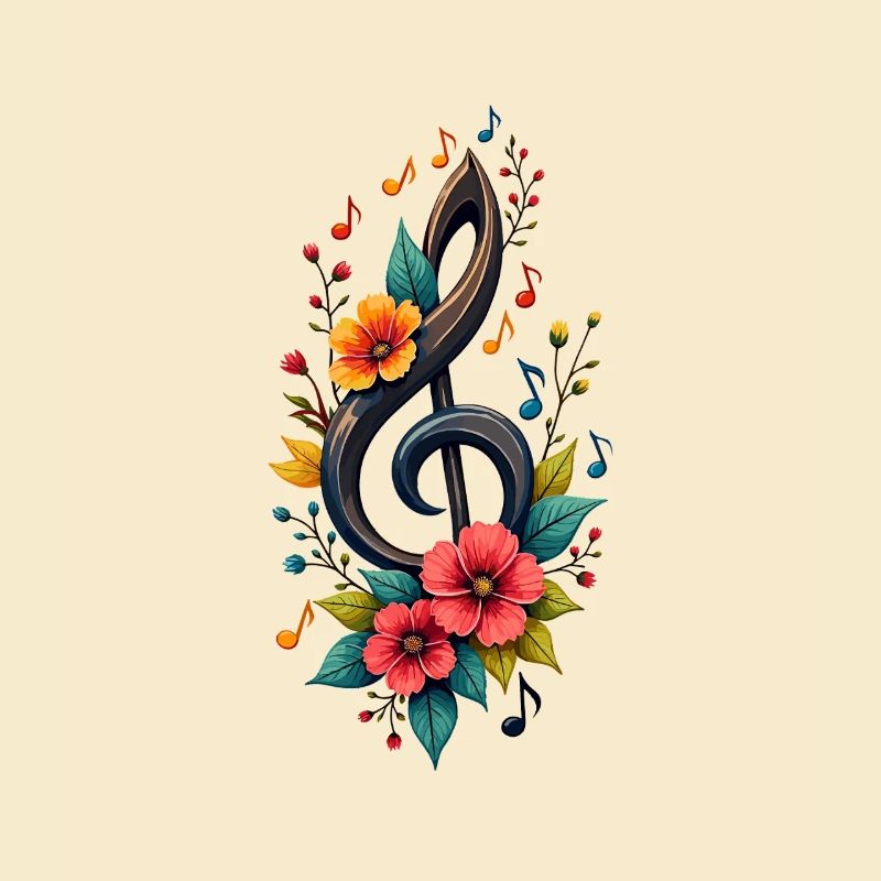 Treble clef with colorful notes and flowers