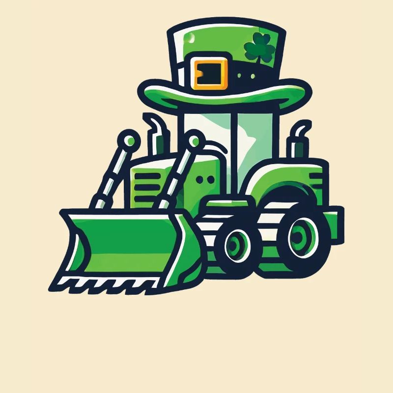 Construction vehicles with St. Patrick's Day hat
