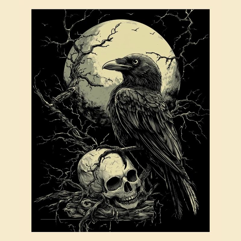 Raven Skull Moon Dark Gothic Black Crow