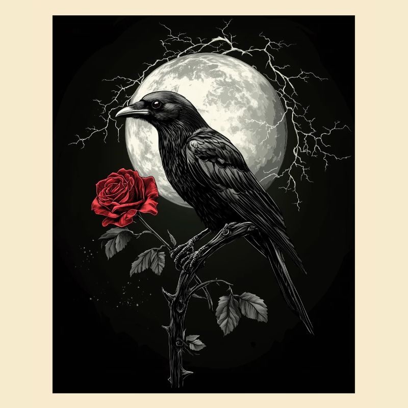 Rabe Rose Mond Düster Gothic Schwarze Krähe