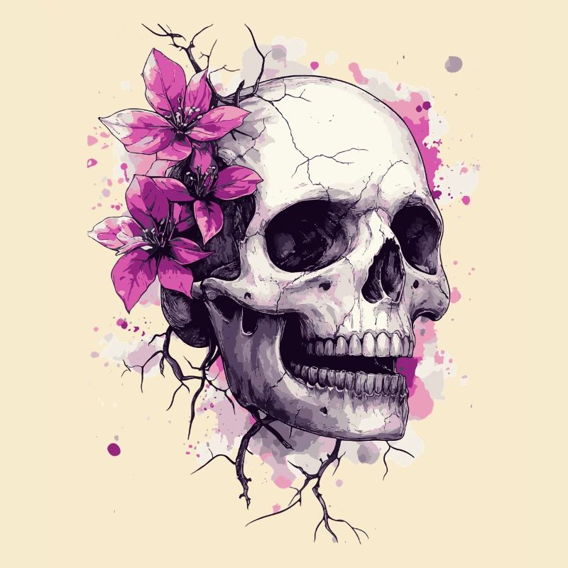 Crâne avec des fleurs roses et des éclaboussures de couleur