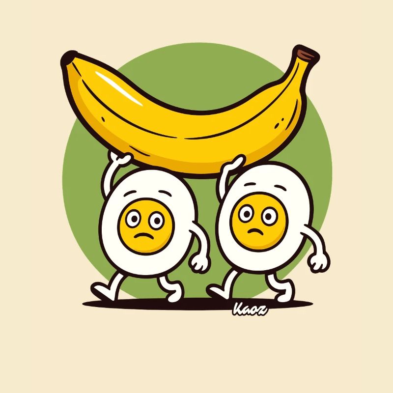 Two sad eggs carry a banana