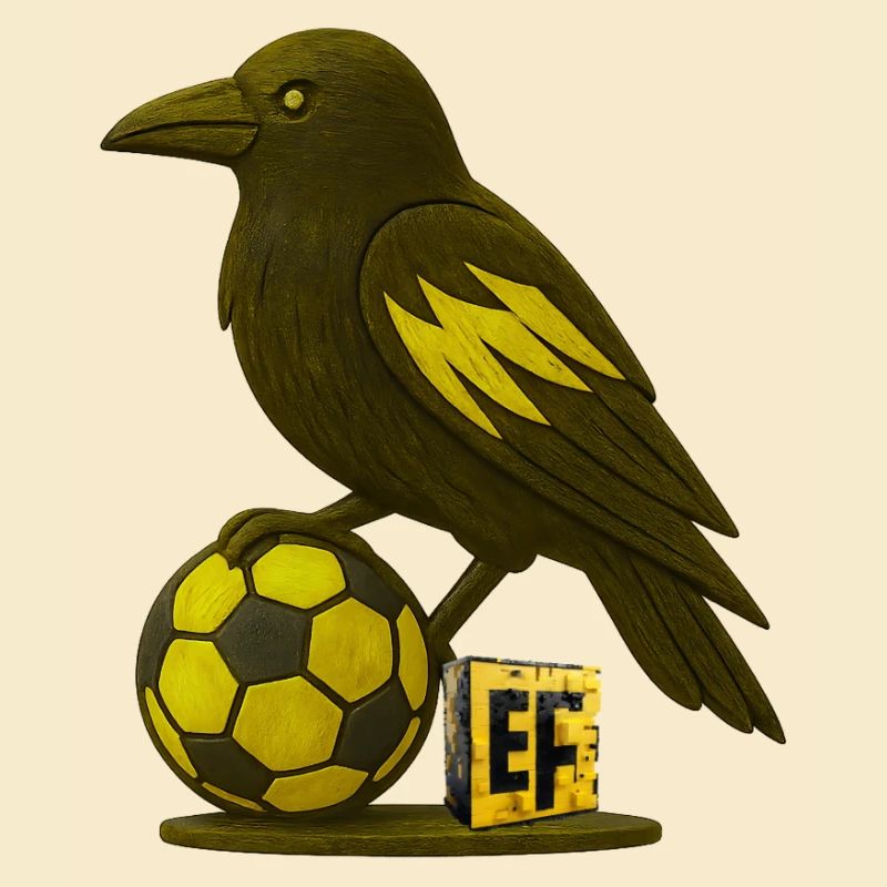 Vogel mit Fußball und Buchstabe E