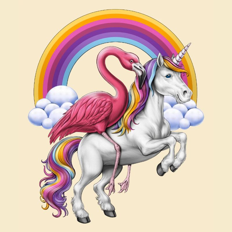 Flamingo chevauchant licorne