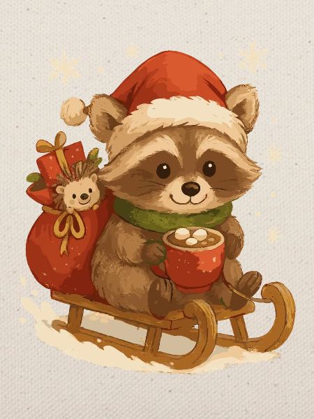Weihnachts Waschbär auf Schlitten
