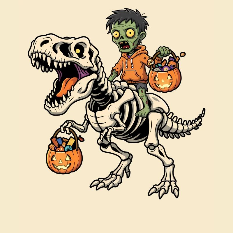 Zombie Riding Skeleton T-Rex Halloween Dinosaur